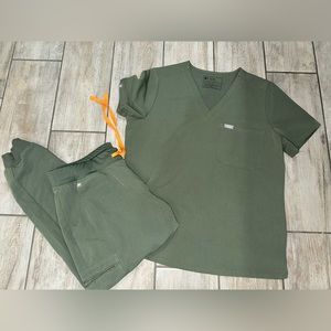 Figs Olive Green Scrub Top and Jogger Set with Orange Drawstring
